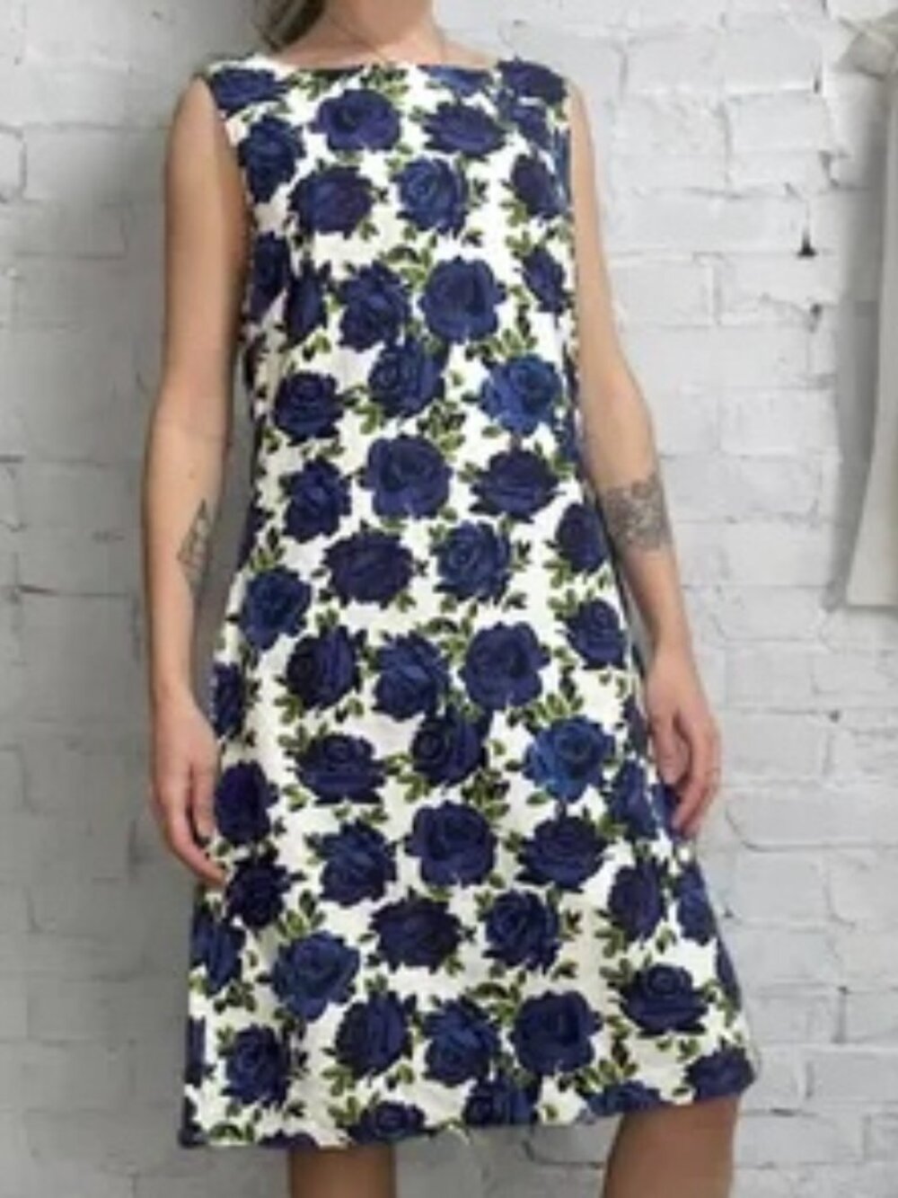 Laura Ashley Vintage 60's Inspired Blue Roses Linen/ Cotton Summer Dress, UK 12